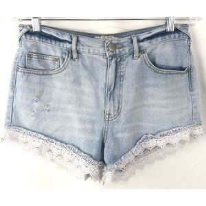 Free People Denim Shorts Crochet Lace Hem SZ 28